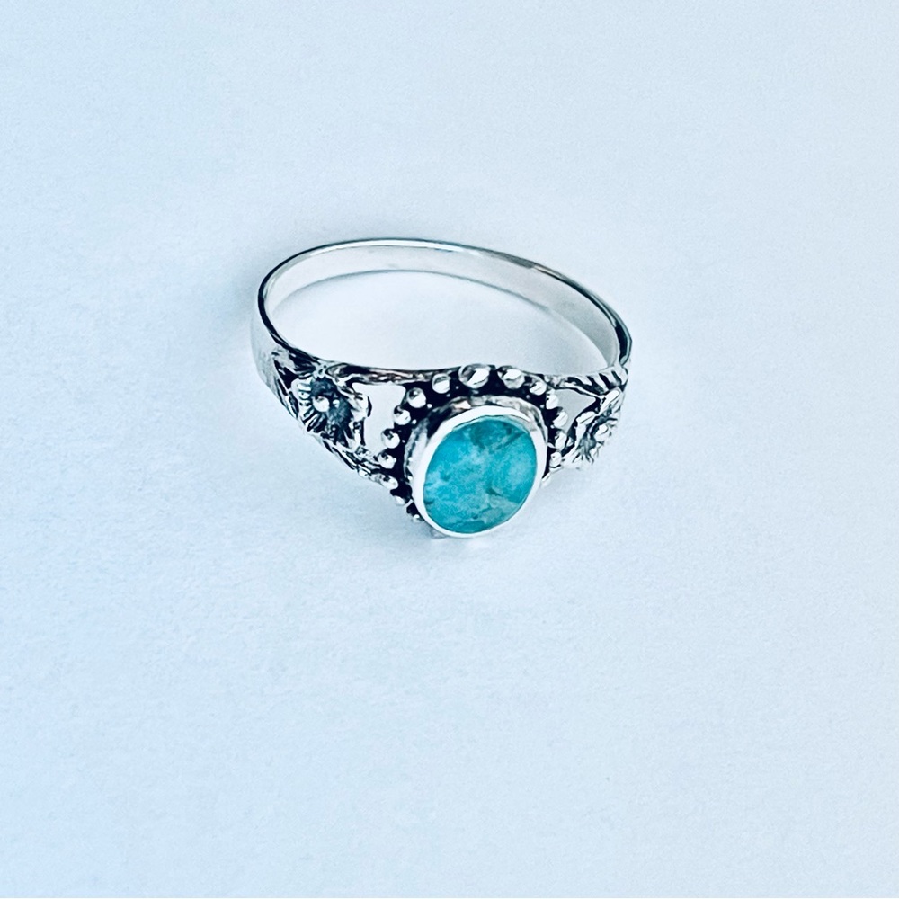 Sterling Silver Oval Genuine Turquoise Ring with Flowers, Dainty Stone Jewelry